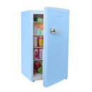 Blue compact refrigerator with open door showing interior shelves and food items