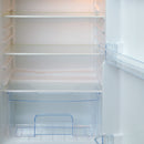 Inside view of compact refrigerator showing sliding glass shelf and door bins
