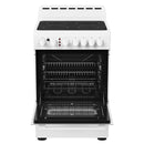 White electric range with ceramic glass cooktop and open oven door, racks visible