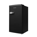 Black compact refrigerator with chrome handle and closed door
