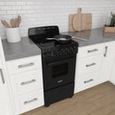 Black electric range with ceramic glass cooktop and open oven door in a kitchen.