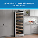 White wine cooler with open door and 14 slide-out wooden shelves