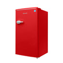 Red compact refrigerator with front door closed and white handle