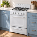 White compact gas range with oven, front control knobs and 4-burner grate cooktop