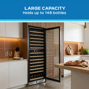 Freestanding wine cooler with glass door and visible wine bottle racks