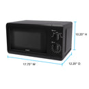 Black countertop microwave oven with front view and two mechanical dials