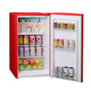 Red compact refrigerator, open double-door view with shelves and food containers