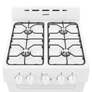 White gas cooktop with four burners, black grates, and front control knobs