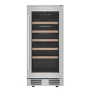 Freestanding wine cooler with open door, wood racks and dark interior shelving
