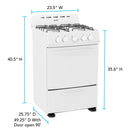 White compact gas range with open door and size diagram (23.5 W, 40.5 H)