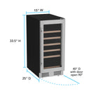 Wine cooler size diagram with door open and dimensions shown in blue