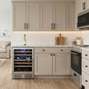 Dual-zone wine cooler with glass door and bottle racks, built-in cabinet style