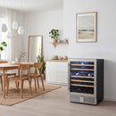 Freestanding dual-zone wine cooler with smoked glass door and bottle storage racks