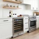 Undercounter wine cooler with glass door and stainless trim, storage racks inside
