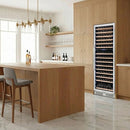 Dual-zone wine cooler with glass door, built-in shelving, and stainless trim