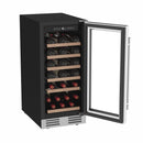 Freestanding wine cooler with open door, bottle storage on wooden slide racks