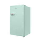 Avanti retro compact refrigerator in seafoam green, front and side view