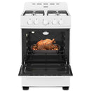 White compact gas range with open oven showing roast chicken inside