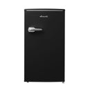 Black compact refrigerator with chrome handle and rounded top door