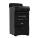 Electric range with ceramic glass cooktop, black body with oven window and knobs.