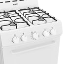 White gas cooktop with four burners, black grates, and front control dials