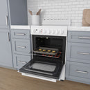 Avanti 24-inch electric range with oven door open, white interior with baking tray