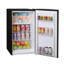 Black compact refrigerator interior with multiple glass shelves and clear door bins