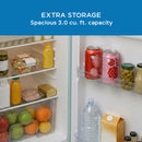 Avanti retro compact refrigerator with open door showing interior shelves and drink bottles