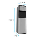 Bottom-loading hot/cold water dispenser with dark top and silver-white base, front panel