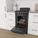 Avanti 20-inch electric range with ceramic glass cooktop, black, oven door open
