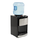 Avanti thermoelectric water dispenser, side view, with blue water jug and control panel