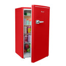 Red compact refrigerator with open door, showing shelves and interior storage