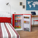 Avanti retro compact refrigerator in red with open door, shelves stocked with drinks and cans
