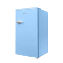 Blue compact refrigerator with chrome handle and Avanti logo, side view