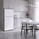 White Avanti MaxxSpace top-freezer refrigerator with single door, flat front.