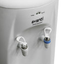 White dispenser close-up of two water taps and blue push lever