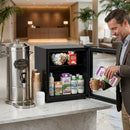 60-can beverage center with door open, stocked drinks and cans on shelves