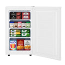 Vertical freezer with door open, showing food packages on shelves