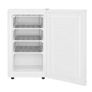 Vertical freezer with door open, showing empty adjustable shelves