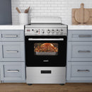 White electric range with ceramic glass cooktop and oven window showing roasted chicken