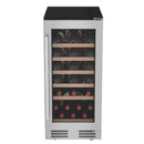 Freestanding wine cooler with glass door and wooden shelves, bottles inside