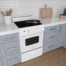 Avanti 24-inch electric range in white with black glass cooktop and oven door