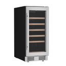 Freestanding wine cooler with black body and glass door, stacked wooden shelves
