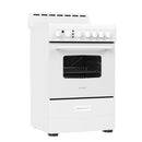 Avanti 24-inch electric range, white front with oven door open and ceramic cooktop controls
